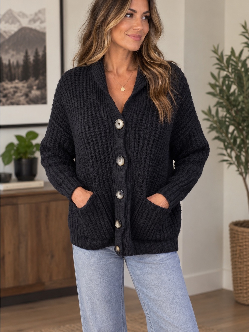 🌑Zara - Oversized Dark Navy Blue Chunky Knit Button-Front Sweater